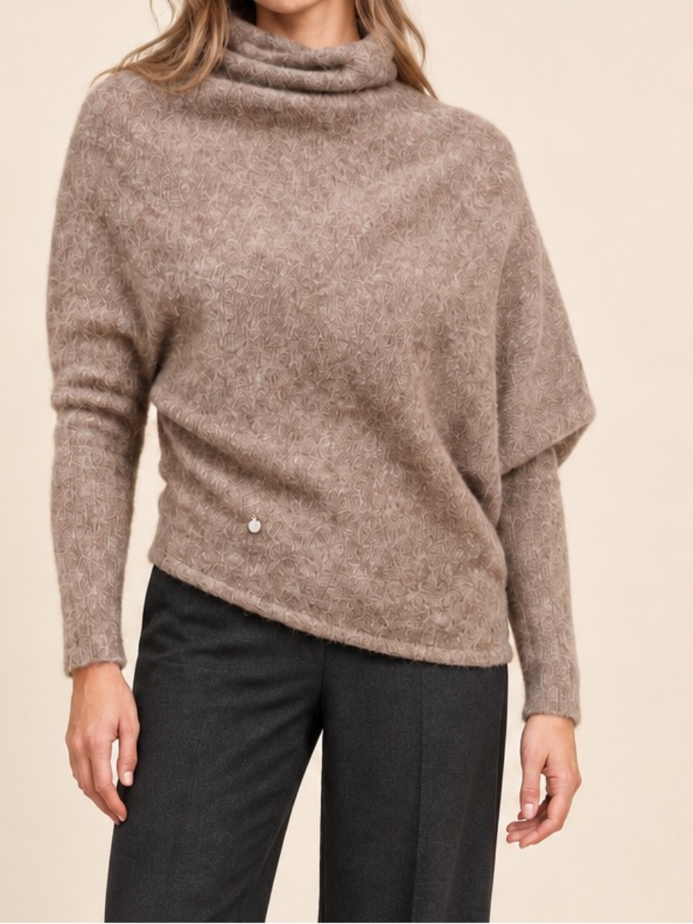 Adolfo Dominguez Designer Alpaca Merino Asymmetric Turtleneck Sweater Brown S